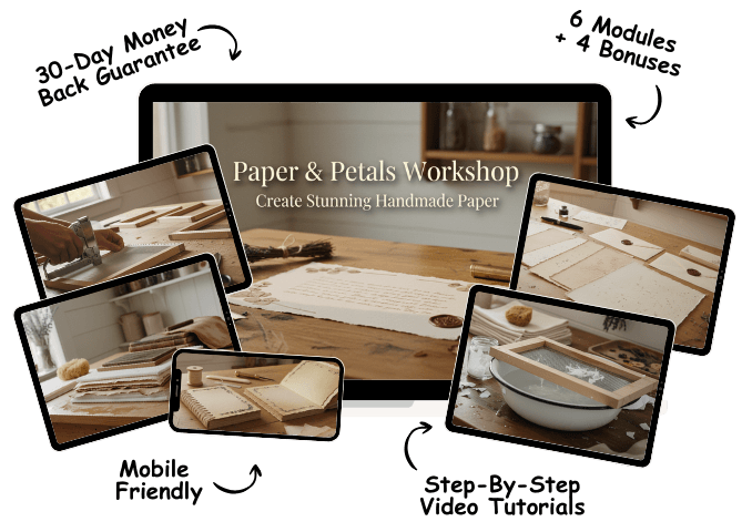 The Paper and Petals Workshop course on laptop, tablet, and phone