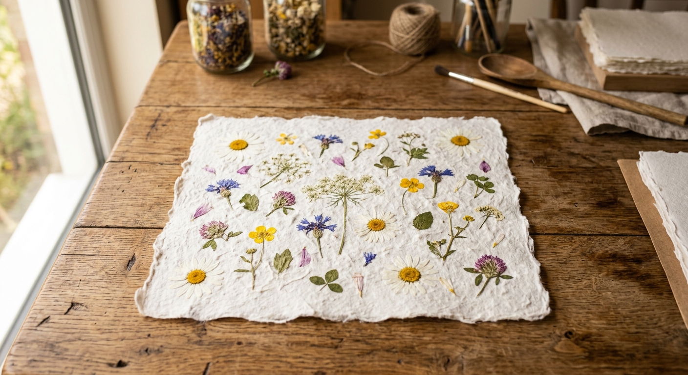 Handmade paper with pressed wildflowers and petals