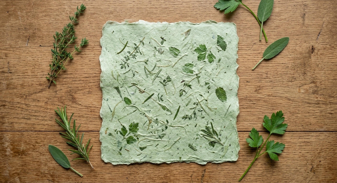 Handmade paper made with garden herbs and green organic materials